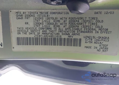 2004 Toyota 4Runner Sr5 Sport V8 z USA, uszkodzony, nr VIN JTEBT14R248011616